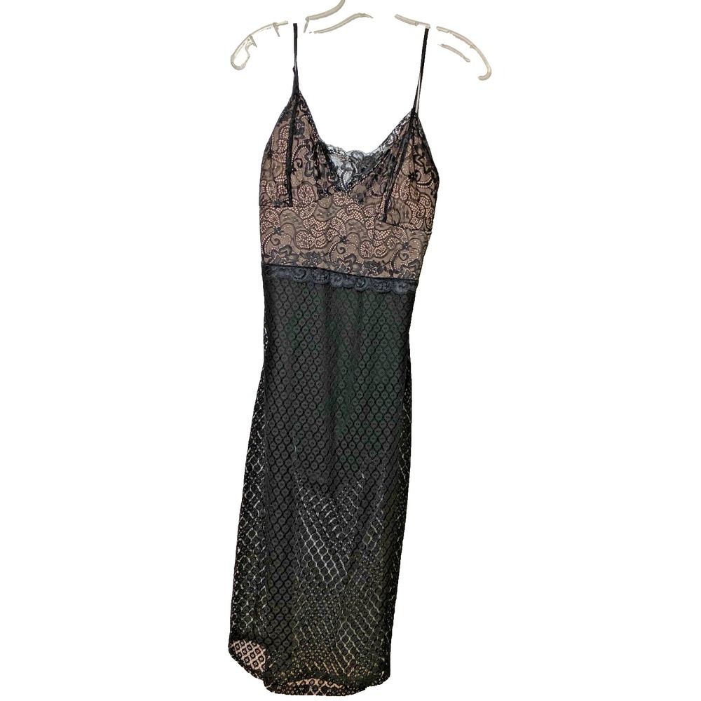 Fashion Nova Black Lace Midi Dress Spaghetti Straps Nude Lining ‎ XL SEXY Pinup